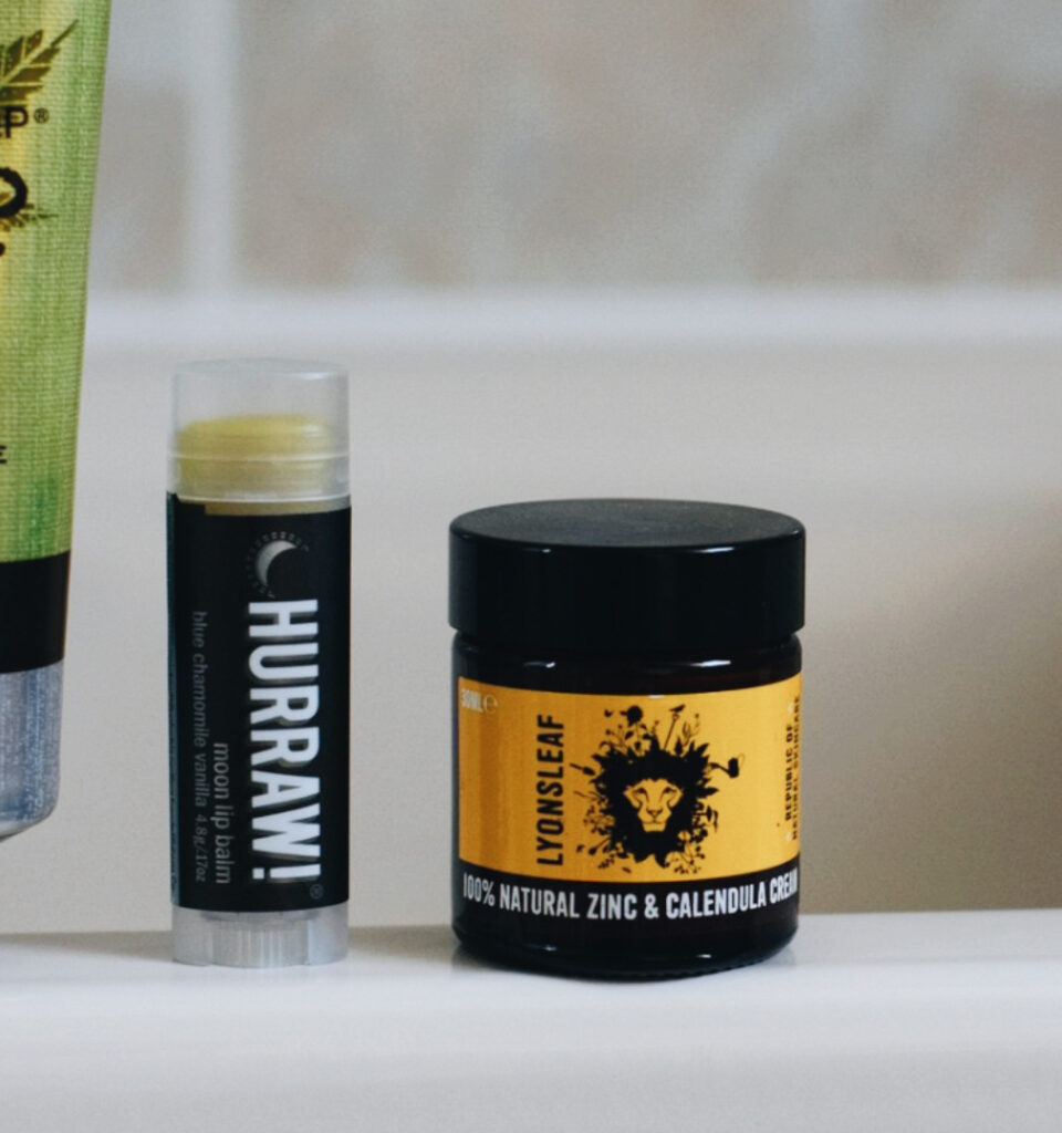 lyonsleaf calendula and zinc balm on bath edge